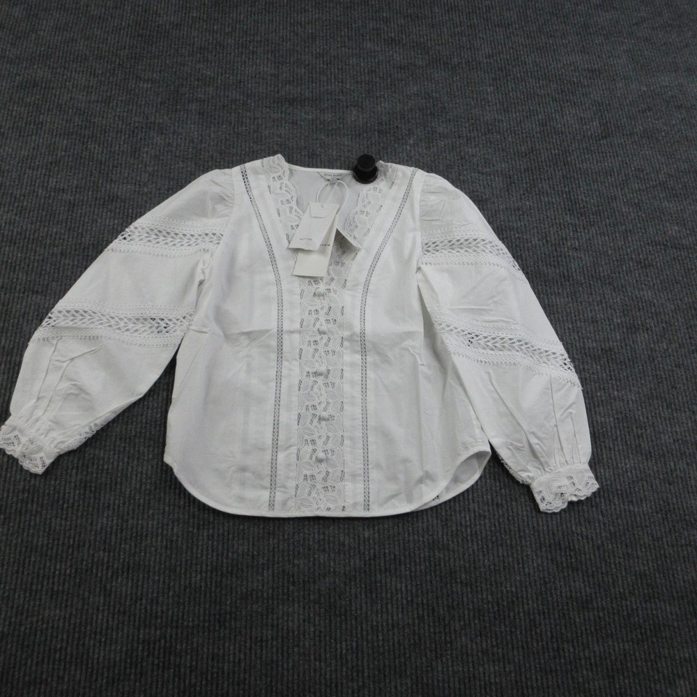 Petite Studio Blouse Womens XS White Drew Cotton Blouse Lace Long Sleeve NWT